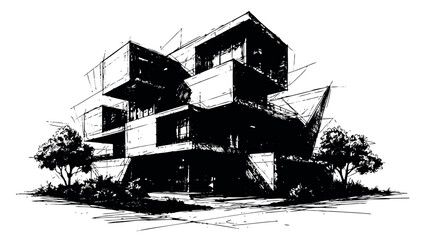Obraz premium Hand drawn line art illustration of modern building depicting an architectural design for architectural projects