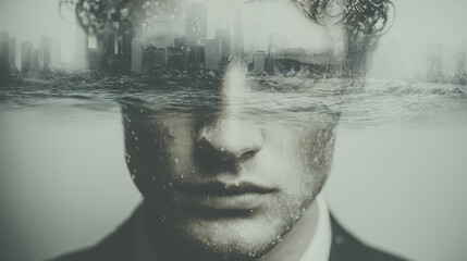Surreal male portrait with city and water, double exposure concept symbolizing anxiety, stress, urban life, inner emotions
