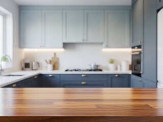 キッチン空間 木製カウンターが明るく照らされる写真