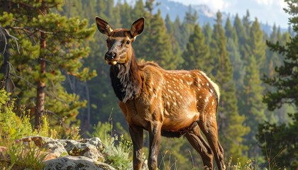 A majestic elk stands amidst lush green foliage and rocky terrain, with a backdrop of a mountainous forest under a bright sky