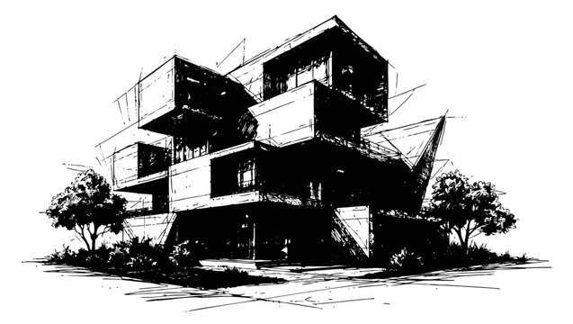 Hand drawn line art illustration of modern building depicting an architectural design for architectural projects