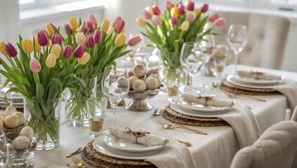 An elegant and festive table setting with colorful tulip bouquets and decorative Easter eggs