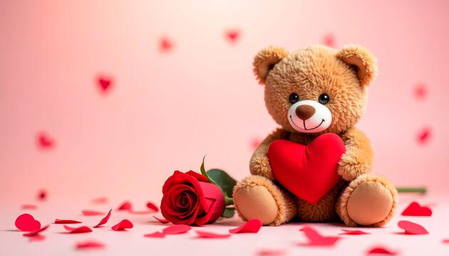 A cute teddy bear with a heart gives you a red rose as a sign of love and good luck.