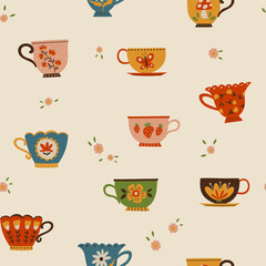 Seamless hand drawn tea cups, mugs pattern with floral folk details. Cozy vintage illustration in warm colors. Ideal for kitchen textiles, packaging, stationery, wallpaper, wrapping paper, home decor