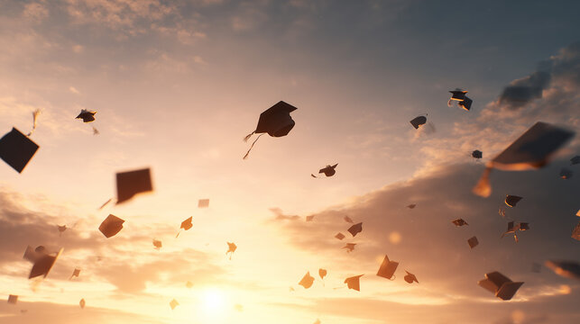 graduation caps tossing in sunset sky, symbolic achievement and success concept, flying mortarboards against golden hour clouds - Powered by Adobe