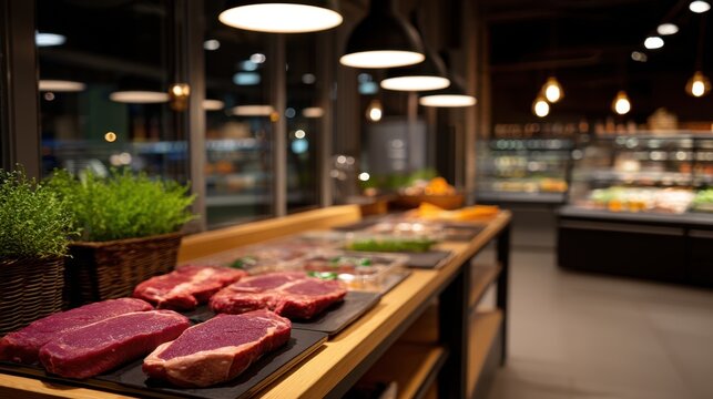 Premium Gourmet Meat Display in Modern Food Store with Bright Lighting and Fresh Produce