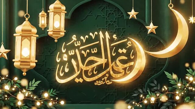 Golden Eid Saeed with Crescent Moon, Lanterns & Starry Green Background