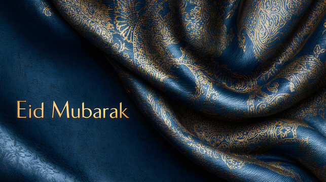 Elegant blue and gold fabric background with Eid Mubarak greeting for festive celebrations and religious holidays.