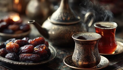 Traditional Middle Eastern tea set with ornate teapot, decorative cups, and dates on a patterned table, creating a warm and inviting atmosphere for cultural gatherings