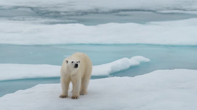 White polar bear on drift ice in the middle of Arctic Ocean north of in Svalbard