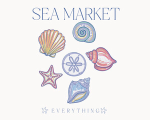 Seashell artwork for t shirt print. Coastal vibes and sea animal. Enjoy beach life. Beach good vibes. Beach modern abstract art. Enjoy beach life.