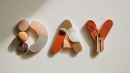 cosmetic makeup typography day, beauty products lettering design, top down eyeshadow and powder word art