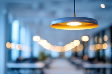 Modern Office Interior With Hanging Pendant Lights, Warm Yellow Glow And Blue Ambient Ambience For A Bright, Professional Workspace