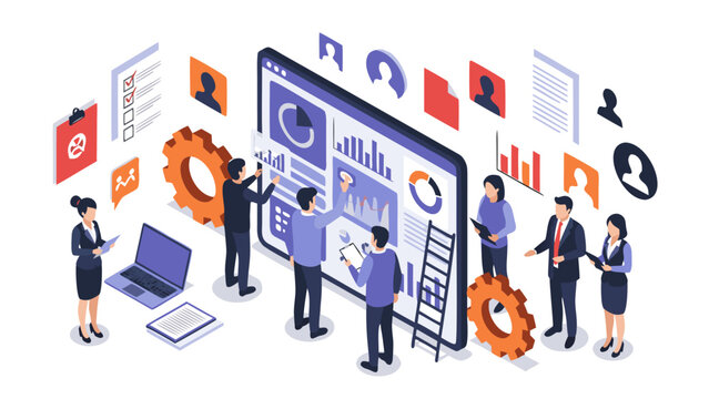 Isometric vector illustration of business people analyzing data on a large screen, symbolizing teamwork and strategy
