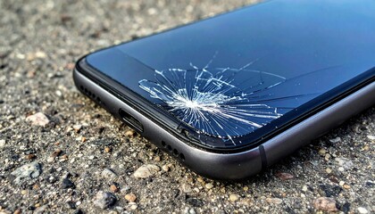 close up of dropped smartphone with shattered screen lying on asphalt road pavement