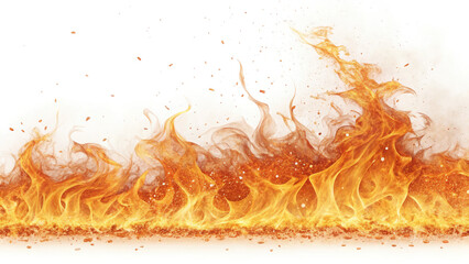Intense horizontal band of blazing orange and yellow flames on white background with sparks and embers flying