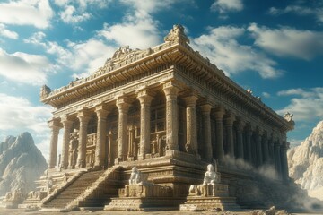 Ancient temple built from stone in a majestic mountain landscape under bright blue sky