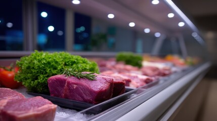 Fresh Meat Cuts Display Under Cool Overhead LED Lights in Modern Butcher Shop