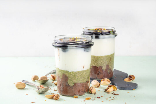 Dubai chocolate dessert cup, layered pistachio kadaif parfait cake