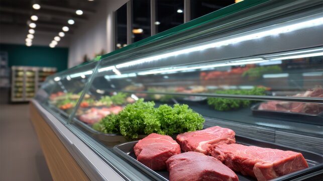 Fresh Meat Cuts Displayed Under LED Lighting in Modern Butcher Shop