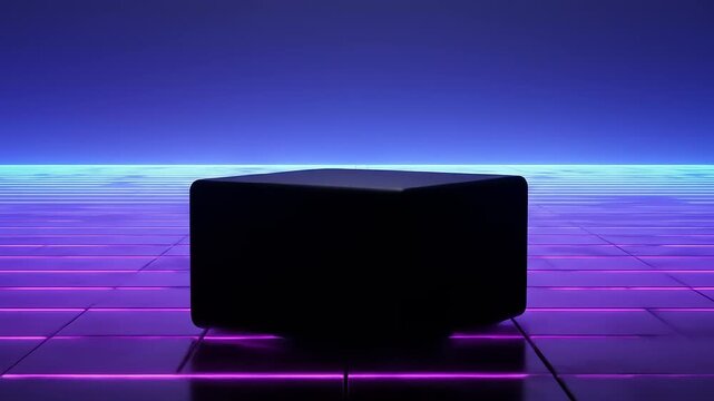 A dark, cube-shaped object stands on a neon-lit, geometric plane against a gradient sky
