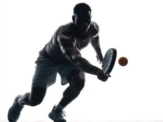 Athletic male player in dynamic pose, reaching for a ball with paddle, showcasing intense focus and strength in a high-energy sports environment with dramatic lighting