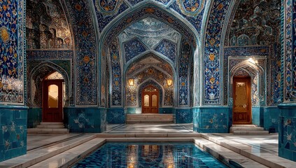 Intricate architectural design of a historic building featuring vibrant blue tile work, ornate arches, and a tranquil reflecting pool, showcasing cultural heritage and artistry