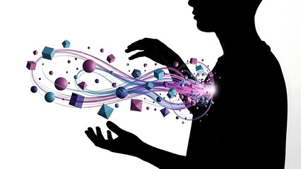 Silhouette of person interacting with vibrant digital particles and shapes