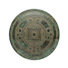 Fototapeta premium An isolated ancient bronze coin or medallion with intricate geometric designs and patterns, viewed from directly above.