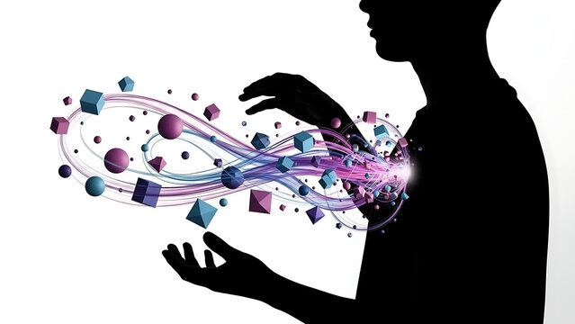 Silhouette of person interacting with vibrant digital particles and shapes - Powered by Adobe
