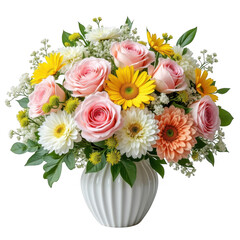 Beautiful pastel floral arrangement of roses gerbera daisies in a white vase isolated on transparent background