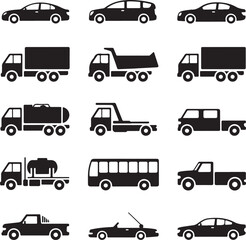black silhouettes of various vehicles on white background