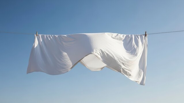 White sheet drying on a clothesline against a clear blue sky.