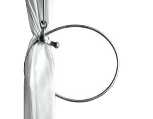 White fabric draped over a polished metal ring, hung by a hook