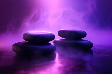 Stones on a reflective surface surrounded by purple mist and gentle light at night