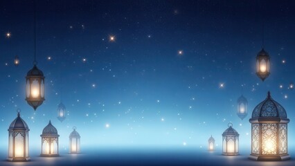 Group of illuminated lanterns on ground and hanging against beautiful twilight sky with faint stars Ramadan Eid festive mood Islamic celebration soft glowing lights peaceful evening