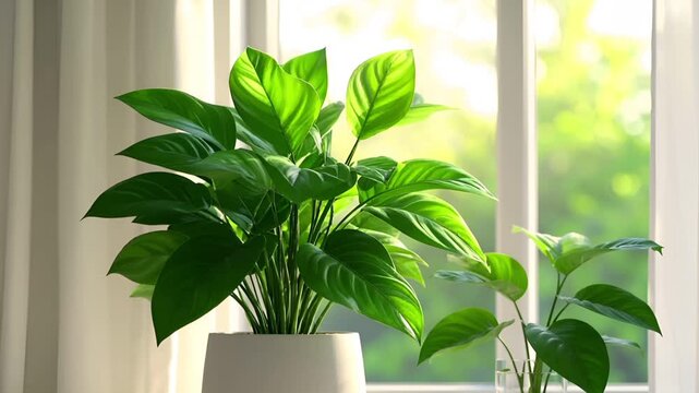 春の柔らかな自然光に照らされた観葉植物の葉が、静かに揺れて新緑が映える。
余白のあるミニマルな背景に、抽象的で爽やかな春の空気感が広がる。