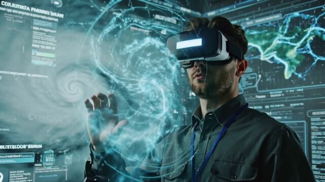 Futuristic meteorologist augmented reality glasses interacting massive 3D holographic hurricane model data points display wind speed, pressure zones, rainfall, evacuation maps, hand gestures 4k