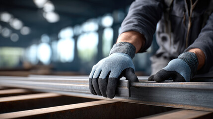 “Worker hands with protective gloves handling metal beam in industrial factory, focus on safety, precision, and craftsmanship”