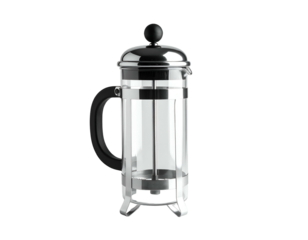 Sleek glass and metal coffee press with black handle