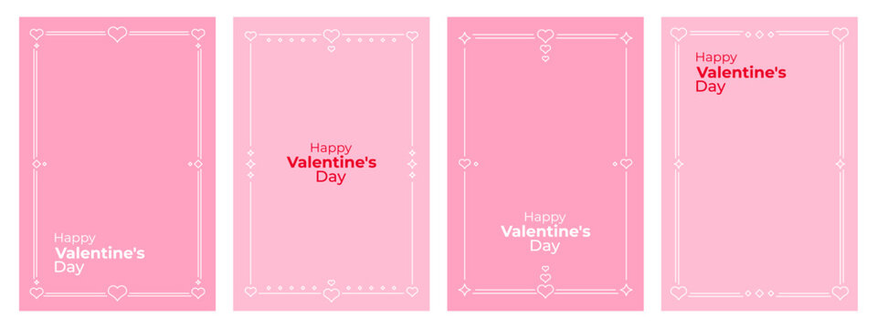 Pink Valentines Day frames with hearts and text. Romantic border background for social media story design. Love celebration graphic.