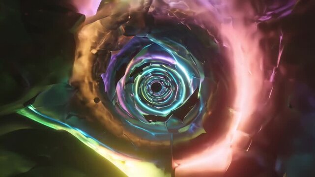3D neon tunnel, infinite vortex, glowing hexagons triangular panels, vibrant dynamic colors, cyberpunk neon lights, pulsating motion, holographic particles streaming past camera, futuristic sci-fi, 4k