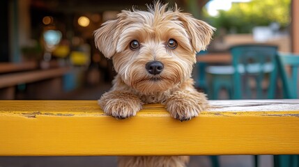 Cute dog looking at camera from yellow bench