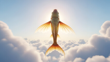 Golden fish ascending through dreamy clouds towards radiant sunlight a surreal escape