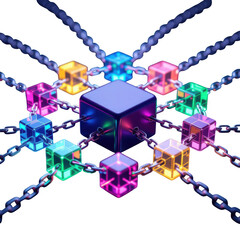 Illuminated crystal cubes connected by delicate chains in a circular arrangement isolated on transparent background