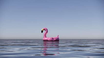 flamingo and duck floatie in the middle of the sea
