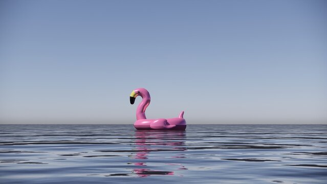 flamingo and duck floatie in the middle of the sea