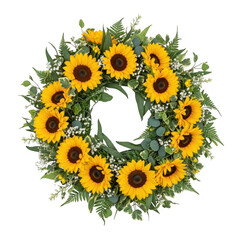 Vibrant sunflower wreath a celebration of summer and sunshine nature's beauty adorning your space isolated on transparent background