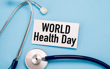 World Health Day. Top view on a pastel blue background, with space for text. Health Day, healthcare and medical concept.