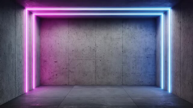 A minimalist concrete room is illuminated by a neon frame, shifting color from pink to blue